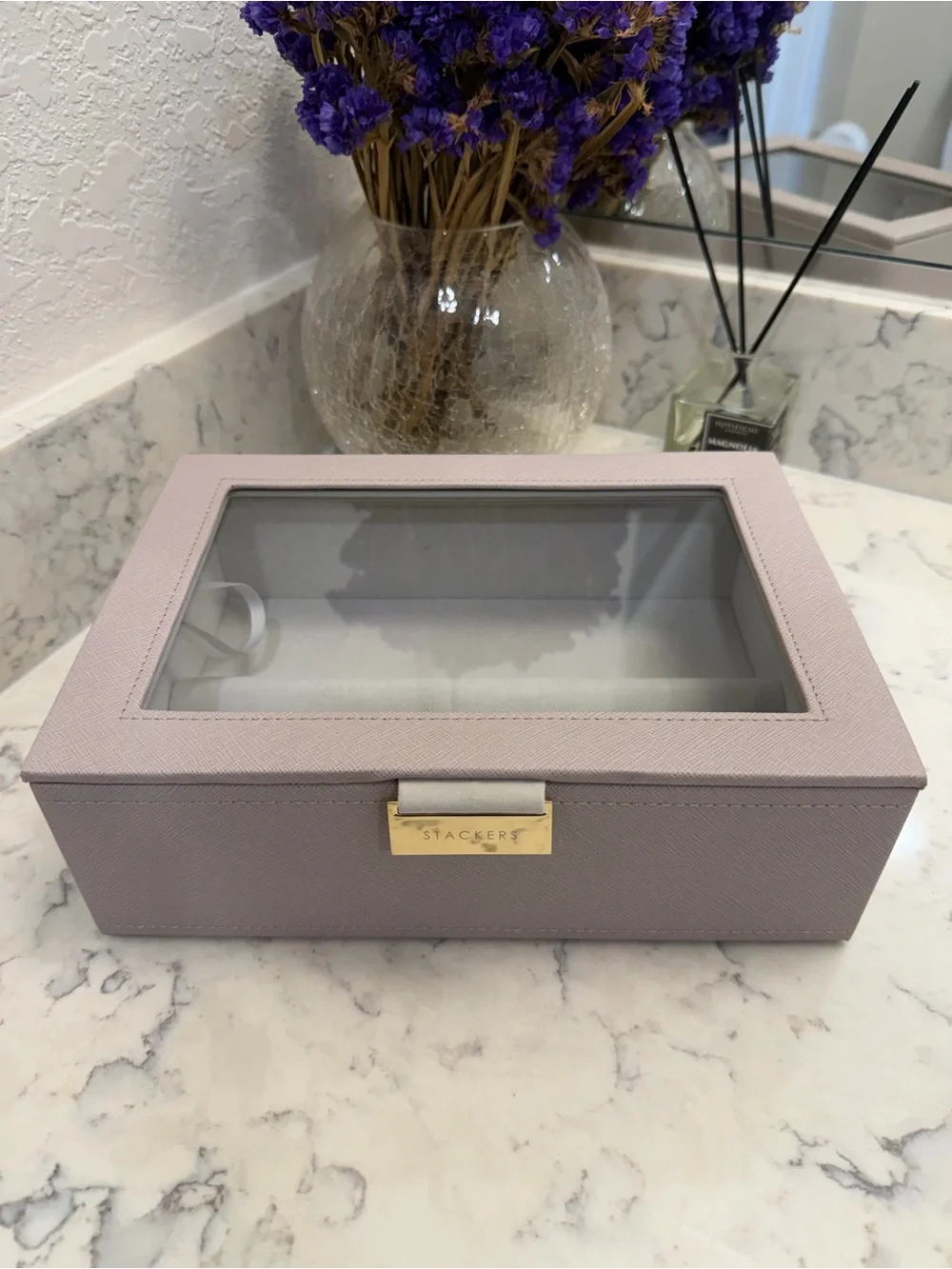 Stackers Eyewear Storage Box Glass Lid Taupe Gold Hardware